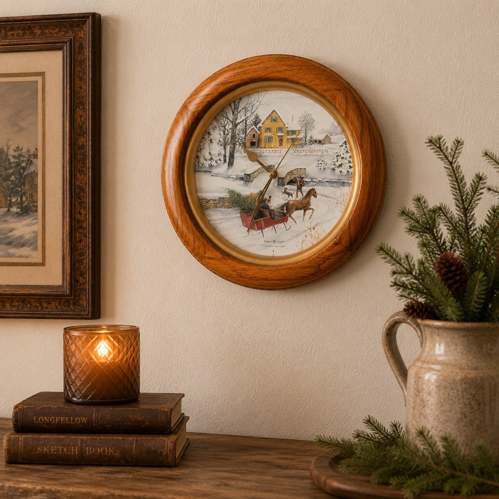 Vtg Howard Miller Musical Wall Clock Winter Village Scene Oak Finish Christmas